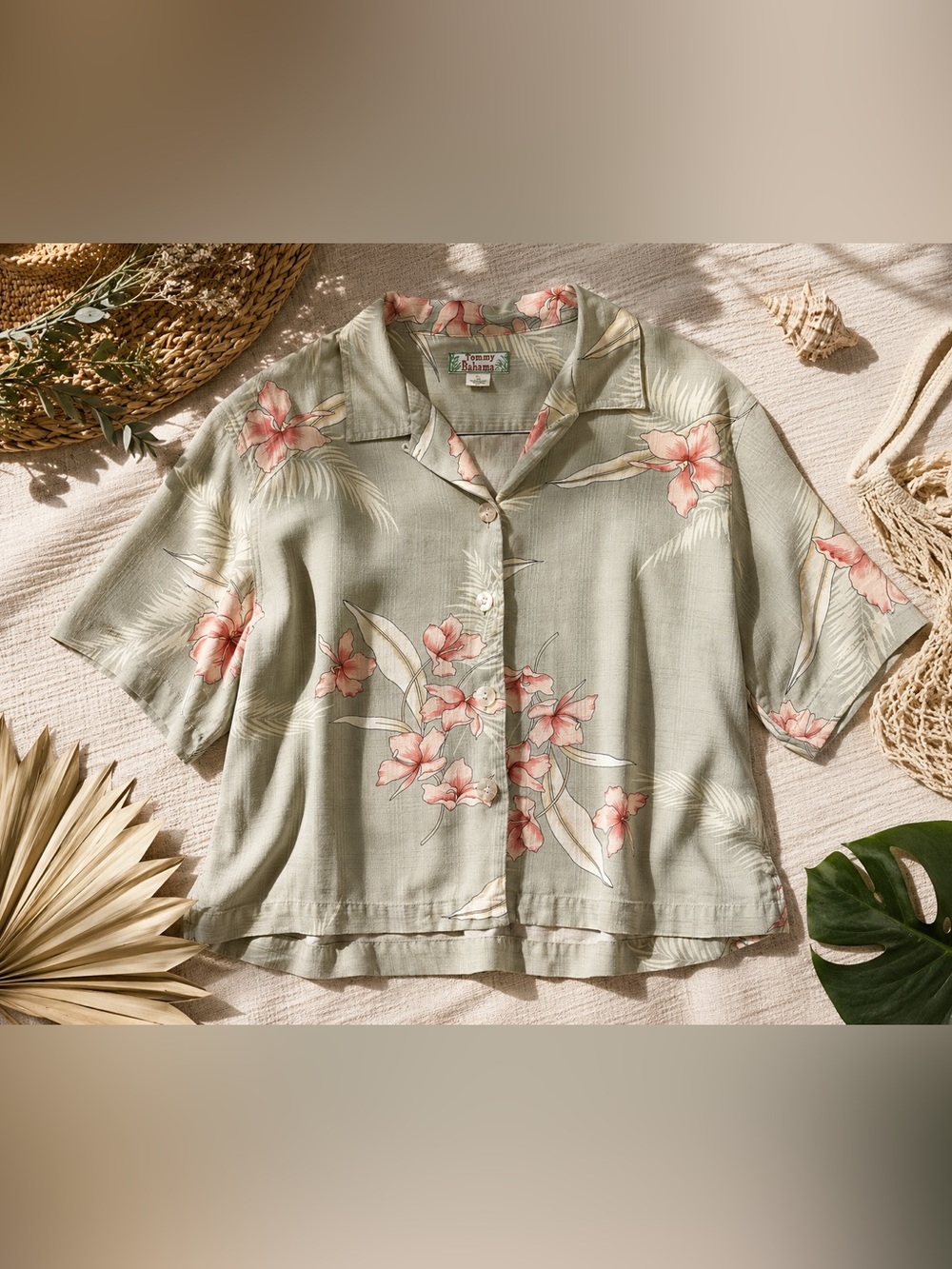 Tommy Bahama 100% Silk Sage Pink Floral Camp Shirt S